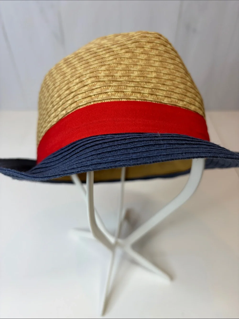 Kids Straw Bucket Hat with Red Band and Navy Brim One Size Fits Most